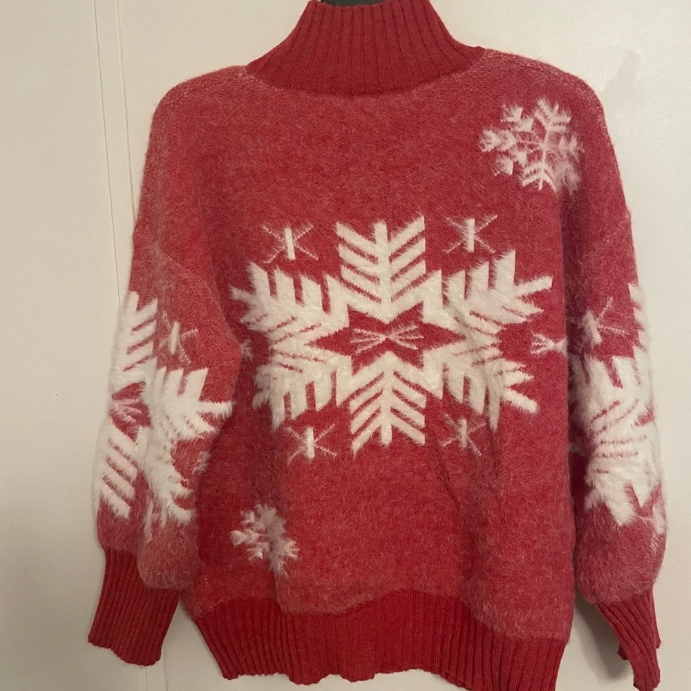 Cabincore Winter Red Snowflake Turtleneck Sweater Soft Cozy Size S/M - Picture 5 of 8